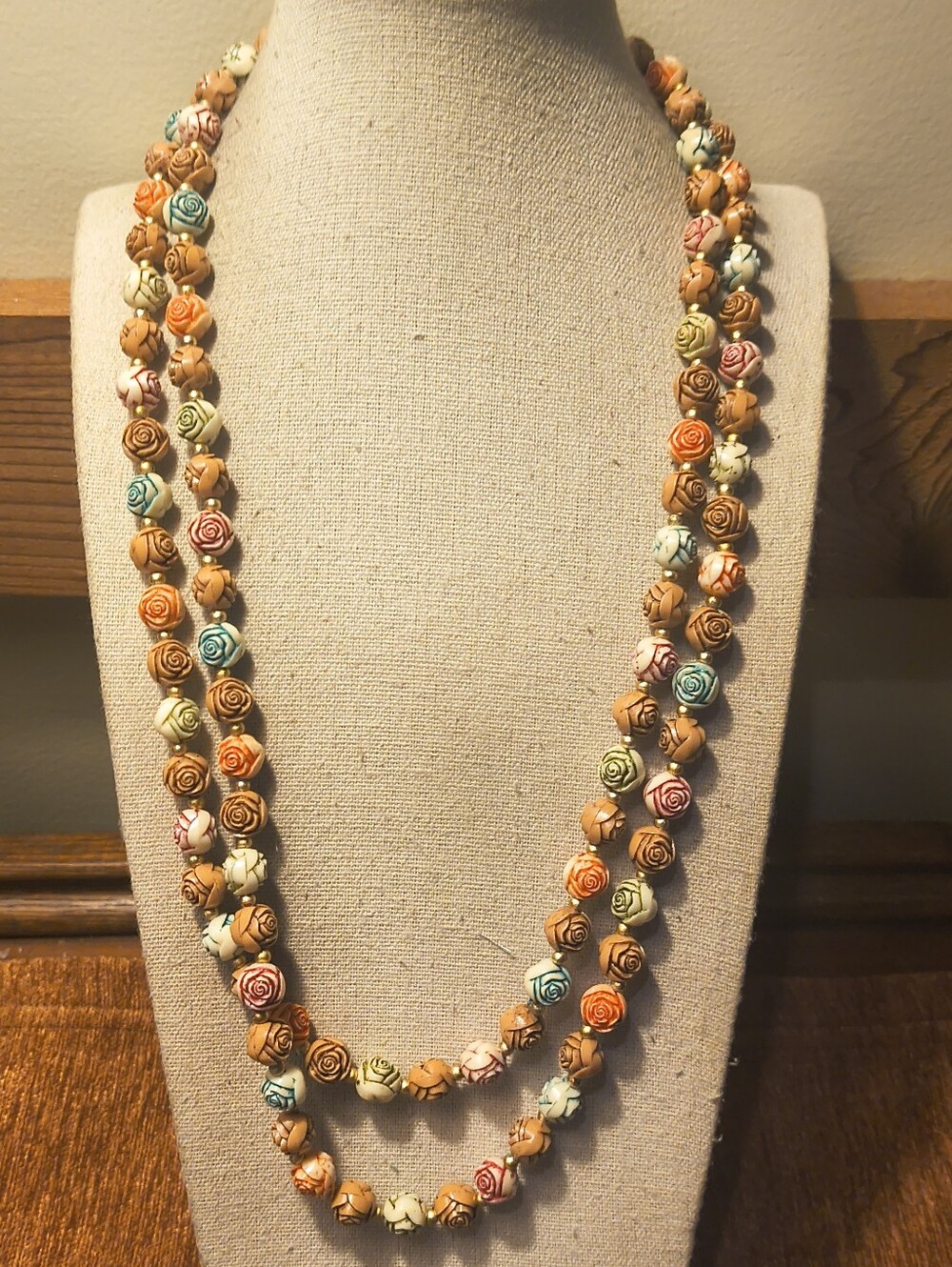 Vintage Celluloid Multicolor Carved Rose Flower Beaded Gold Tone Necklace